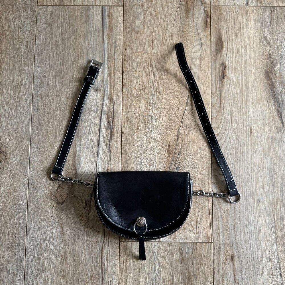 ZARA WOMAN Black Genuine Leather & Suede Silver Link Chain & Buckle Belt Bag